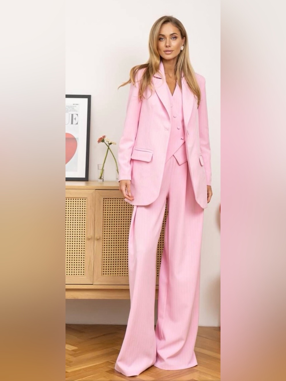 NWT Pink 3 Piece Pantsuit Set Blazer Vest & Flare Pants Large Barbiecore